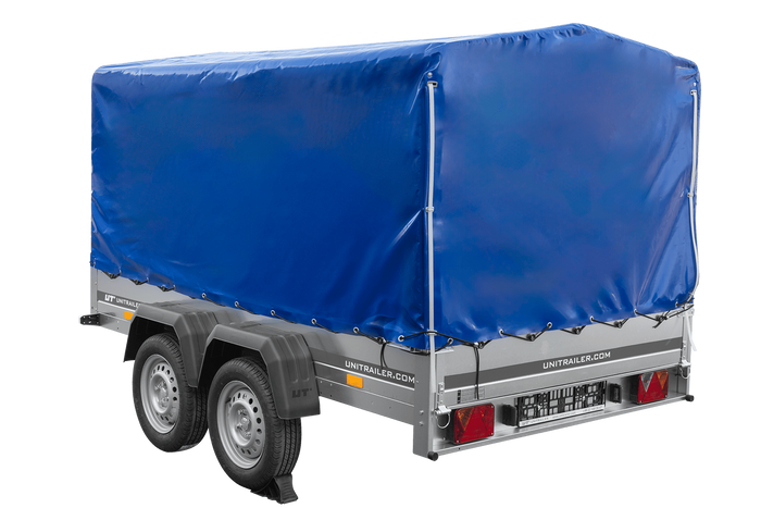 Zweiachsanhänger 264×150 UNITRAILER GARDEN 265/2 KIPP mit Rahmen H-1100 und blauer Plane-Neu