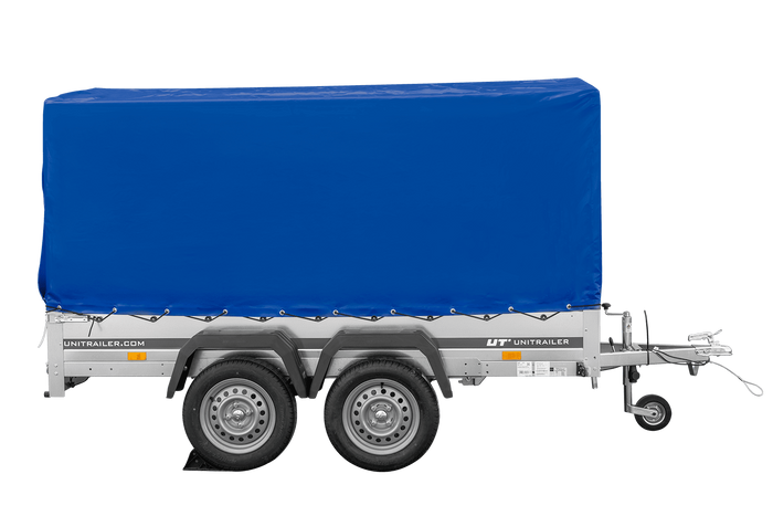 Zweiachsanhänger 264×150 UNITRAILER GARDEN 265/2 KIPP mit Rahmen H-1100 und blauer Plane-Neu